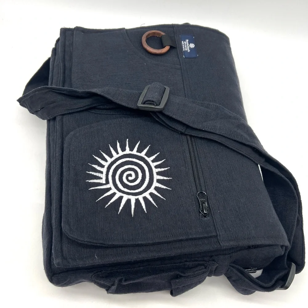 Black Cotton Laptop Messenger Bag with Swirl Embroidery